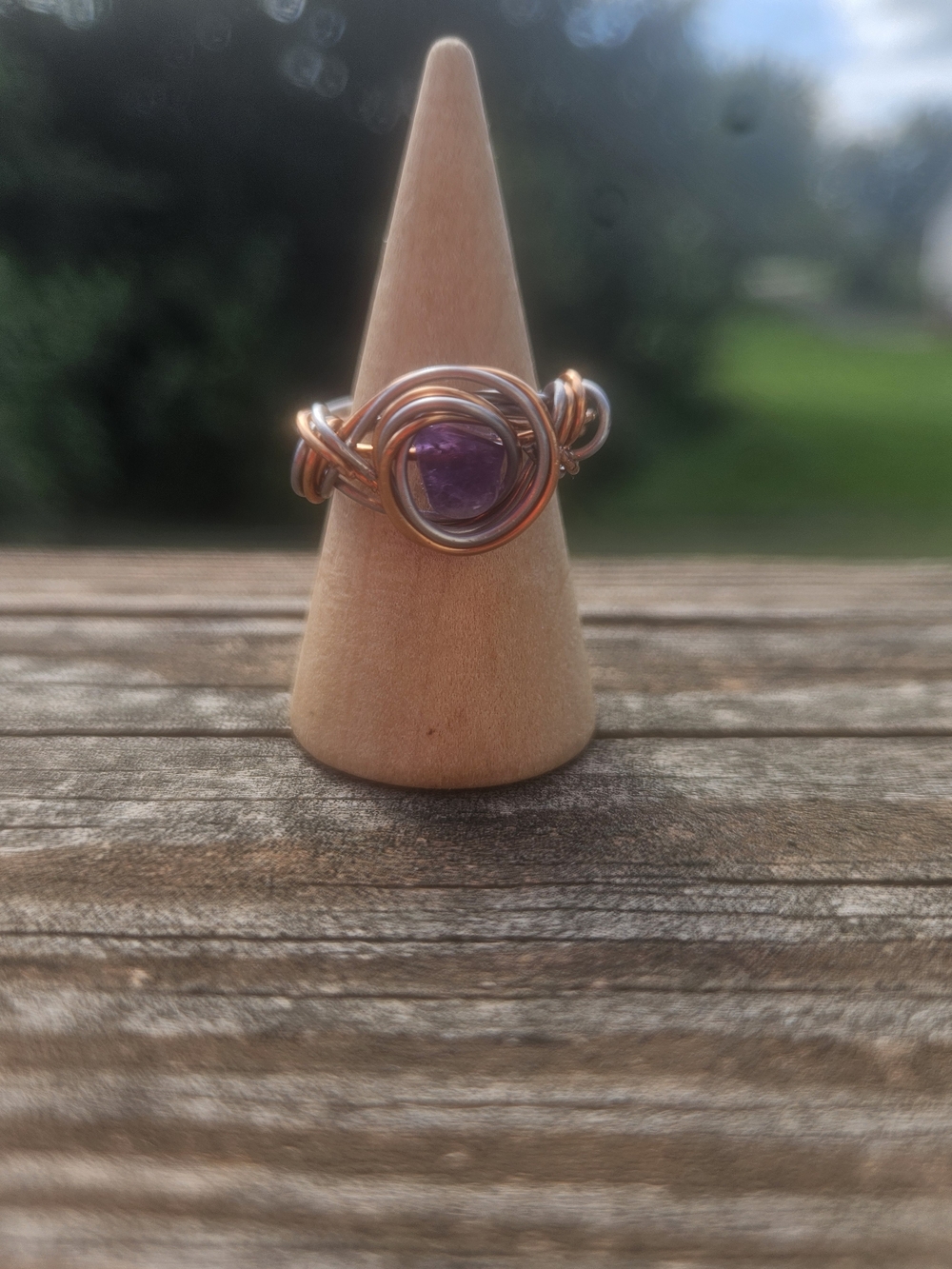 Handcrafted Stainless Steel And CoppWire Ring with Purple Amethyst Stone